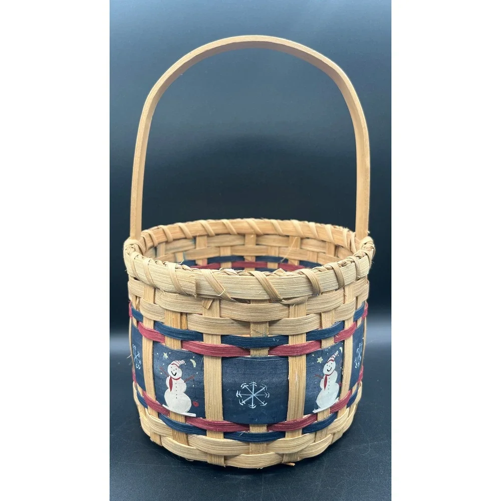 Hand Woven‎ Round Splint Basket Snowman Snowflake Winter Holiday Handle 12x8
